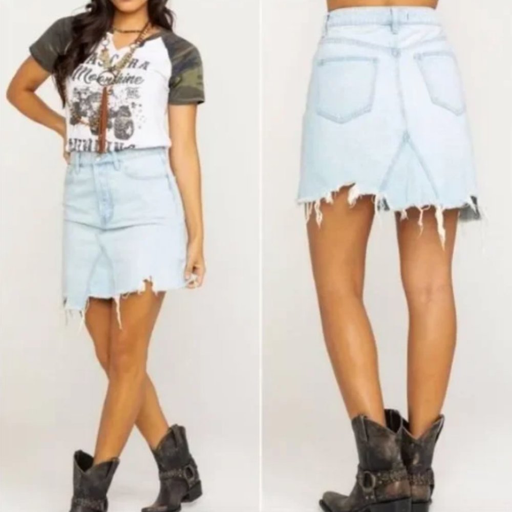 We the Free High Rise Asymmetrical Ripped Hem Mini Jean Skirt - Picture 1 of 9